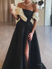 Black Satin Prom Dresses 2025 Off the Shoulder Formal Gown with High Slit FD5249