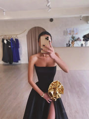 Black Satin Prom Dresses 2025 Strapless Formal Gown with High Slit FD5247
