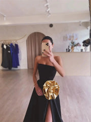 Black Satin Prom Dresses 2025 Strapless Formal Gown with High Slit FD5247