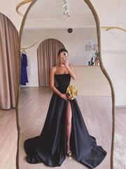 Black Satin Prom Dresses 2025 Strapless Formal Gown with High Slit FD5247