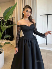 Black Satin Prom Dresses Off the Shoulder Lace Long Sleeve Maxi Dress - FD5266