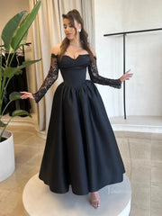 Black Satin Prom Dresses Off the Shoulder Lace Long Sleeve Maxi Dress - FD5266
