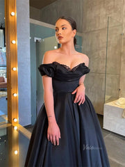 Black Satin Prom Dresses Off the Shoulder Sweetheart Neckline Maxi Dress - FD5274