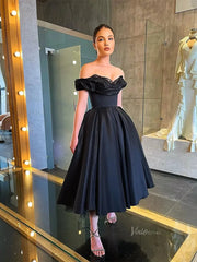 Black Satin Prom Dresses Off the Shoulder Sweetheart Neckline Maxi Dress - FD5274