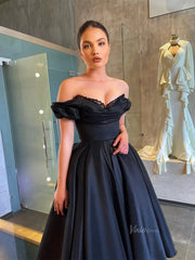 Black Satin Prom Dresses Off the Shoulder Sweetheart Neckline Maxi Dress - FD5274