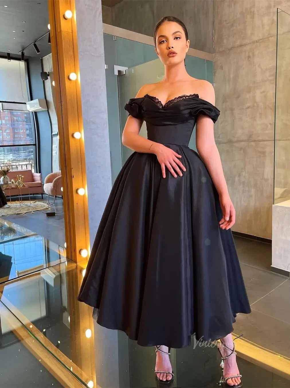 Black Satin Prom Dresses Off the Shoulder Sweetheart Neckline Maxi Dress - FD5274