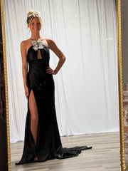 Black Satin Sheath Prom Dresses with Slit, Bow-Tie & Beaded Halter Neck - FD6046