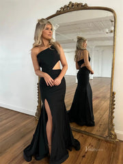 Black Satin Sheath Prom Dresses with Slit & One Shoulder - FD6018
