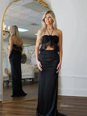 Black Satin Two-Piece Prom Dresses with Spaghetti Strap & 3D Flower - FD6004