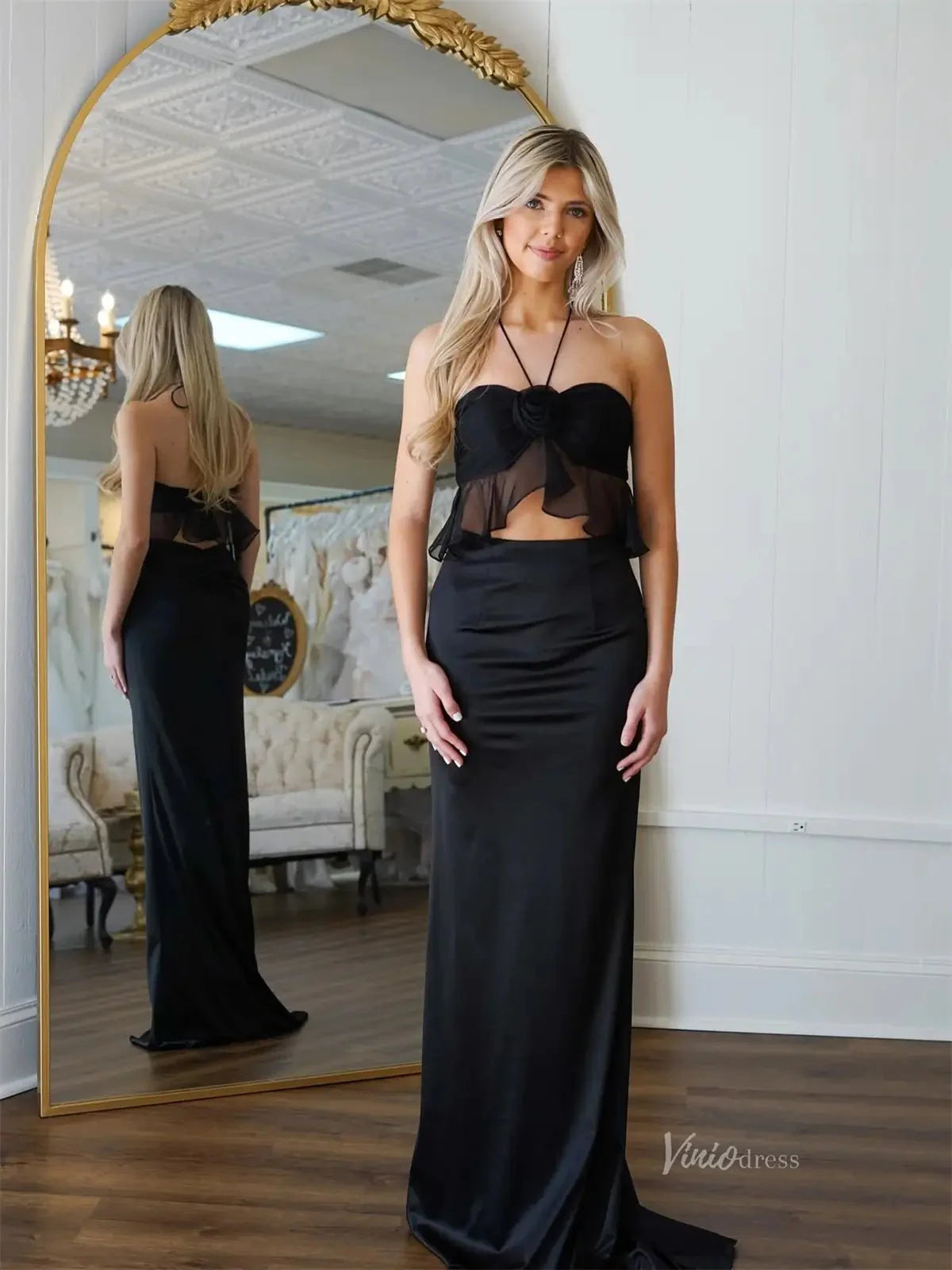 Black Satin Two-Piece Prom Dresses with Spaghetti Strap & 3D Flower - FD6004