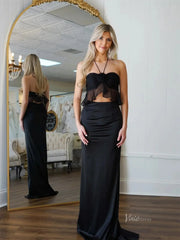 Black Satin Two-Piece Prom Dresses with Spaghetti Strap & 3D Flower - FD6004