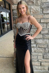 Black Sequin Mermaid Prom Dress 2025 with Slit, Beaded Boned Bodice & Spaghetti Strap – FD5029