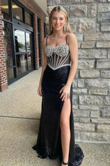 Black Sequin Mermaid Prom Dress 2025 with Slit, Beaded Boned Bodice & Spaghetti Strap – FD5029