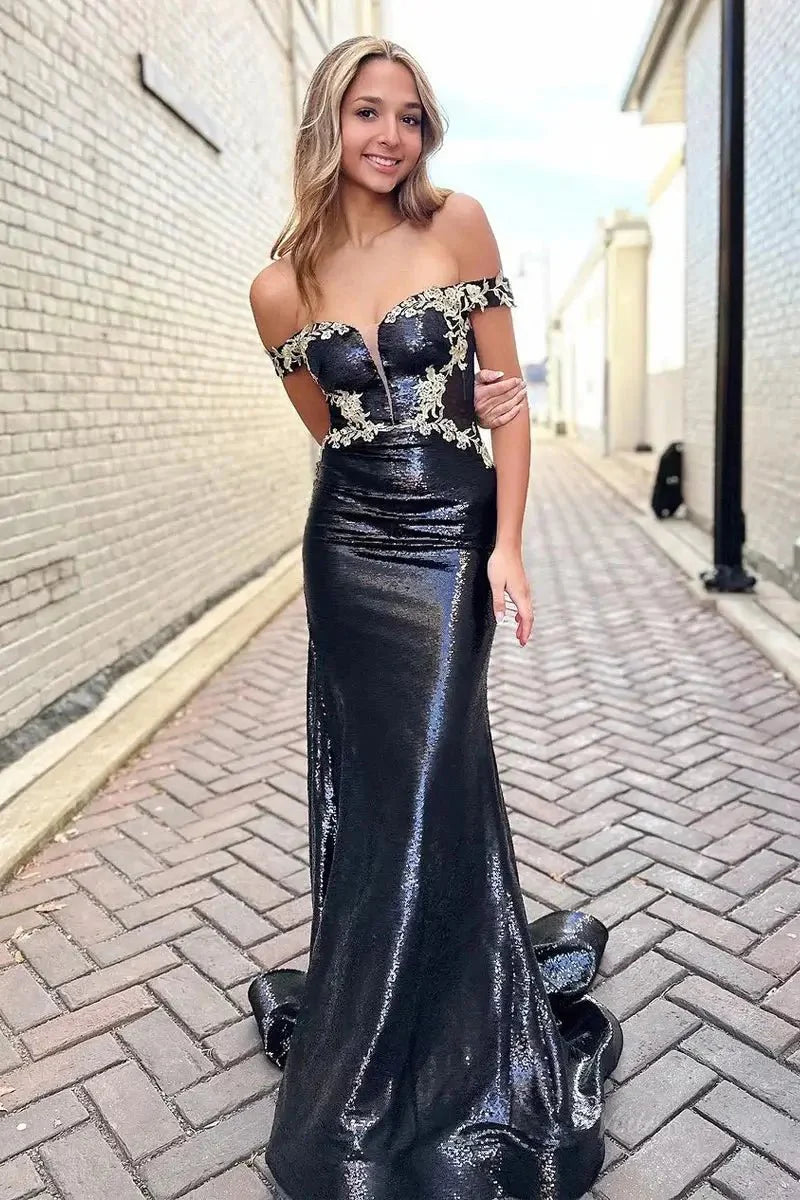 Black Sequin Mermaid Prom Dresses 2025 with Lace Applique & Plunging V-Neck – FD5072