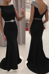 Navy Blue Sequined Fitted Cap Sleeve Mermaid Prom Dress Formal Gown