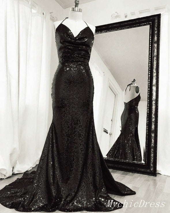 Cheap 2024 Black Sequin Mermaid Prom Dresses Halter Evening Formal Gown