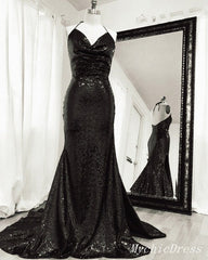 Cheap 2024 Black Sequin Mermaid Prom Dresses Halter Evening Formal Gown