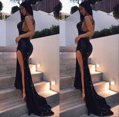 Black Sequins Spaghetti Straps Side Slit Criss-Cross Prom Dress