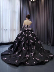 Black Shimmering Lace Applique Wedding Gown Off the Shoulder Quinceanera Dress 241059