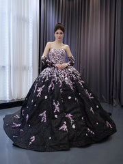 Black Shimmering Lace Applique Wedding Gown Off the Shoulder Quinceanera Dress 241059