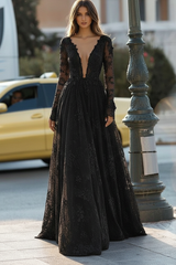 Simple Wedding Dress A Line V Neck Long Sleeves Lace Floor Length Bridal Gowns
