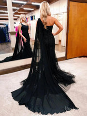 Black Sparkly Tulle Mermaid Prom Dress 2025 with One Shoulder & Watteau Train – FD5010