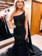 Black Sparkly Tulle Mermaid Prom Dress 2025 with One Shoulder & Watteau Train – FD5010