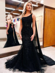 Black Sparkly Tulle Mermaid Prom Dress 2025 with One Shoulder & Watteau Train – FD5010
