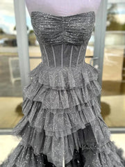 Black Sparkly Tulle Tiered Prom Dresses 2025 Strapless High Low Formal Dresses - FD3712