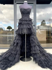 Black Sparkly Tulle Tiered Prom Dresses 2025 Strapless High Low Formal Dresses - FD3712