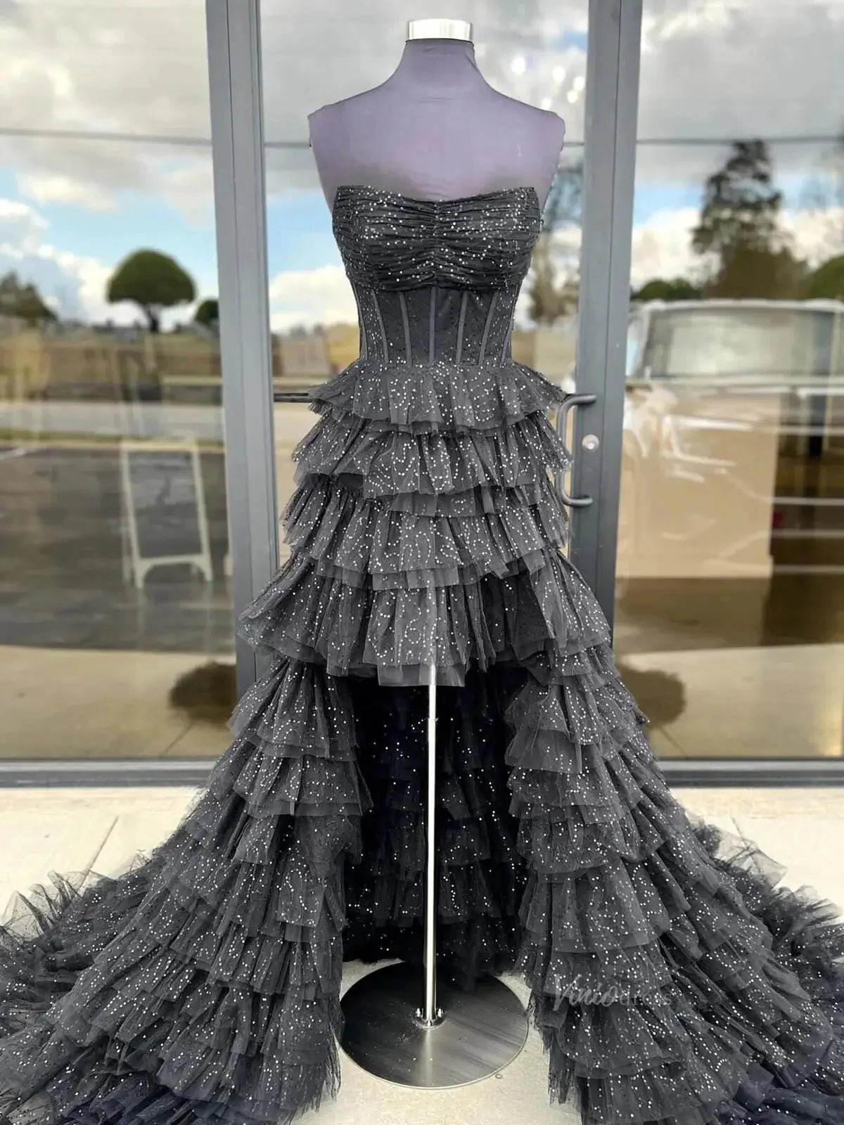 Black Sparkly Tulle Tiered Prom Dresses 2025 Strapless High Low Formal Dresses - FD3712