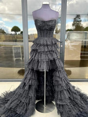 Black Sparkly Tulle Tiered Prom Dresses 2025 Strapless High Low Formal Dresses - FD3712