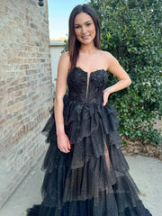 Black Sparkly Tulle Tiered Prom Dresses with Slit Strapless Lace Plunging V-Neck Formal Dresses - FD3716