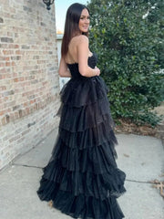 Black Sparkly Tulle Tiered Prom Dresses with Slit Strapless Lace Plunging V-Neck Formal Dresses - FD3716