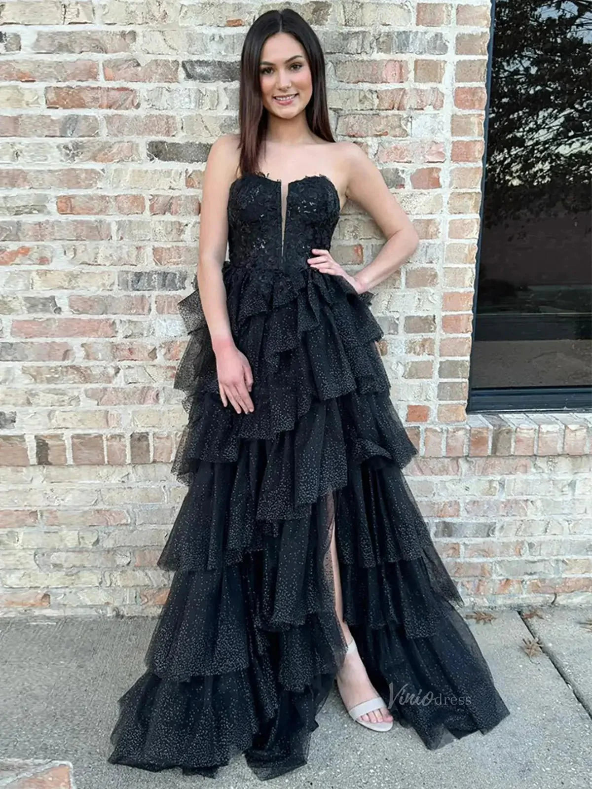 Black Sparkly Tulle Tiered Prom Dresses with Slit Strapless Lace Plunging V-Neck Formal Dresses - FD3716