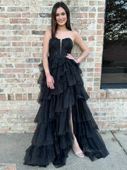 Black Sparkly Tulle Tiered Prom Dresses with Slit Strapless Lace Plunging V-Neck Formal Dresses - FD3716