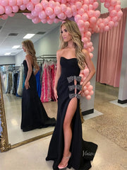 Black Strapless Satin Prom Dresses 2025 with Bow & Slit – FD5094
