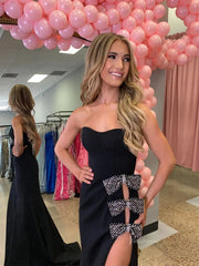 Black Strapless Satin Prom Dresses 2025 with Bow & Slit – FD5094