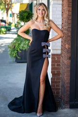 Black Strapless Satin Prom Dresses 2025 with Bow & Slit – FD5094