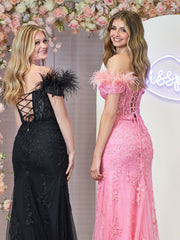 Elaina |Mermaid Deep V Neck Feather Lace Long Prom Dress
