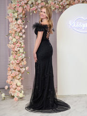 Elaina |Mermaid Deep V Neck Feather Lace Long Prom Dress
