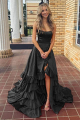 Strapless A Line Lace-Up Ruffled Tiered Prom Dress with Slit
