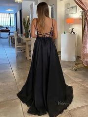 Black Tulle Prom Dresses 2025 Spaghetti Strap Plunging V-Neck Formal Gown with Slit FD5109