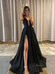 Black Tulle Prom Dresses 2025 Spaghetti Strap Plunging V-Neck Formal Gown with Slit FD5109