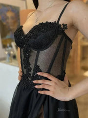 Black Tulle Prom Dresses 2025 Spaghetti Strap Sparkly Sheer Bodice Formal Gown with Slit FD5108