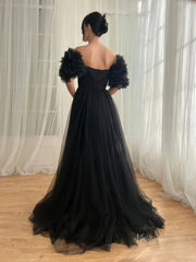 Black Tulle Prom Dresses with Slit, Ruffled Short Sleeve & Sweetheart Neckline - TO0013