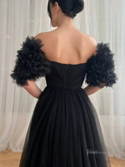 Black Tulle Prom Dresses with Slit, Ruffled Short Sleeve & Sweetheart Neckline - TO0013