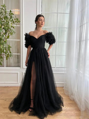 Black Tulle Prom Dresses with Slit, Ruffled Short Sleeve & Sweetheart Neckline - TO0013