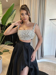 Black Two-Piece Satin Prom Dresses with Slit & Rhinestones Bodice - FD5264