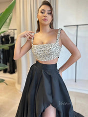 Black Two-Piece Satin Prom Dresses with Slit & Rhinestones Bodice - FD5264